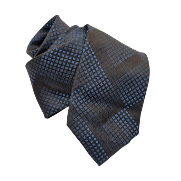 Calvin Klein CK 100% Silk Blue and Brown Checkered Tie Men's Fancy Work Career - Picture 1 of 8